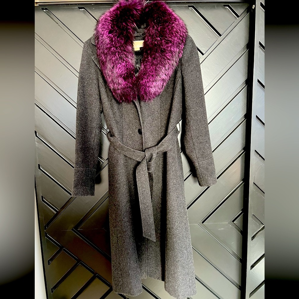 Michael Kors Wool-Cashmere Real Fox Fur Collar Coat, Size 8